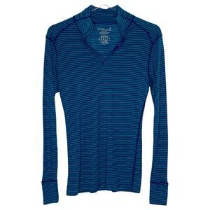 Ibex L Womens Woolies Tech 1/4 Zip Base Layer Bue Striped Merino Wool Outdoor